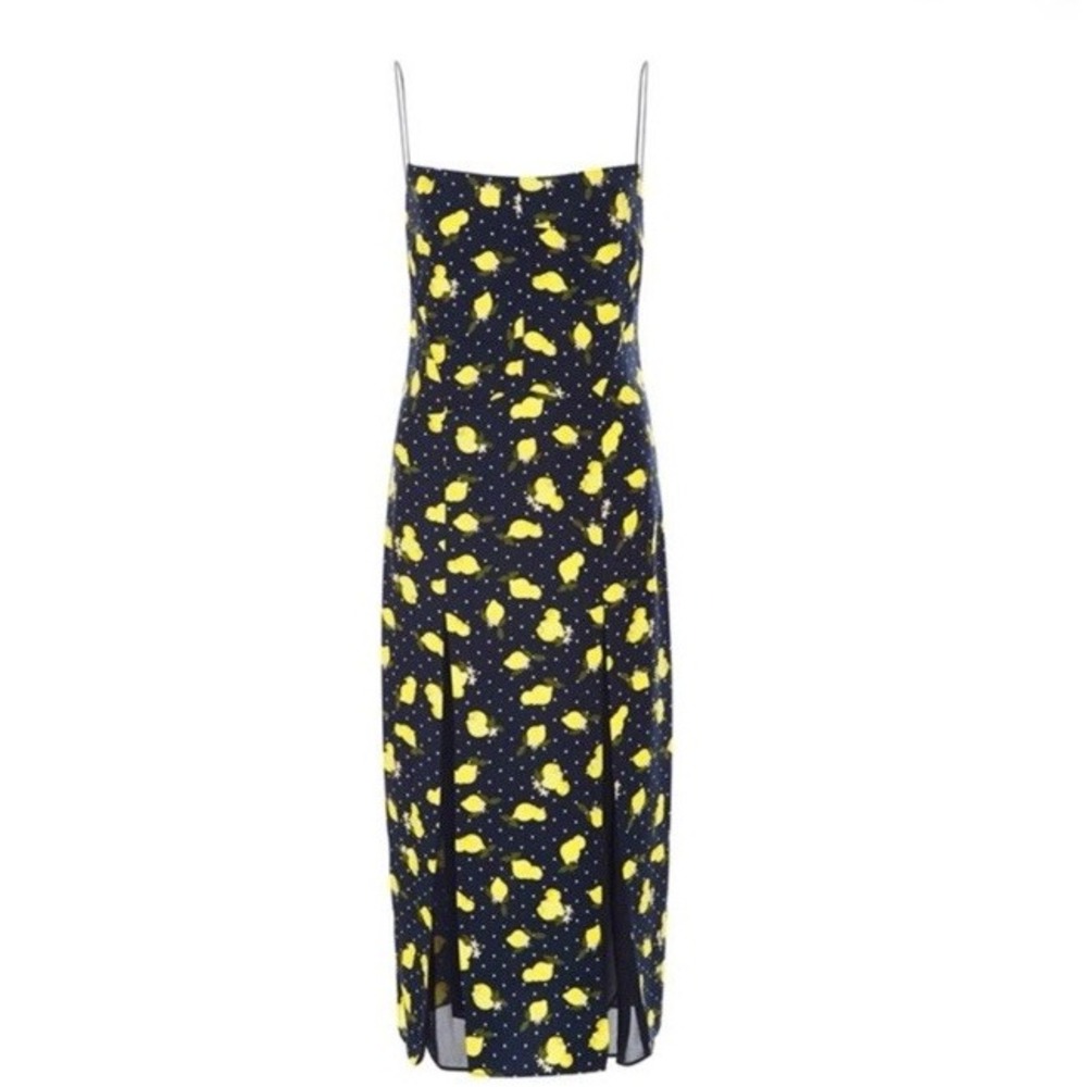 NEW‎ PIAMITA THE SIMONE MIDI Slip DRESS Lemon Print 100% Silk Women Medium Navy